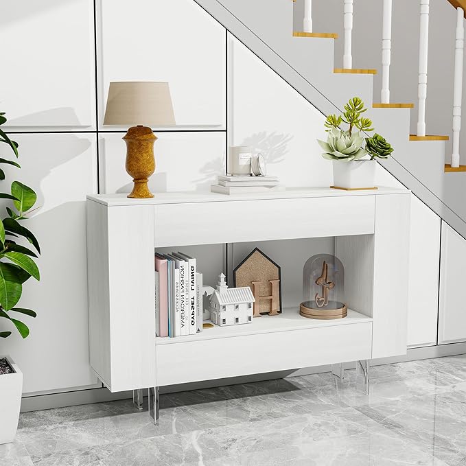 47" Narrow Console Table with Hidden Side Storage Cabinets, Adjustable Shelves, Modern Entryway Sofa Table for Behind The Couch, Living Room, Hallway, White