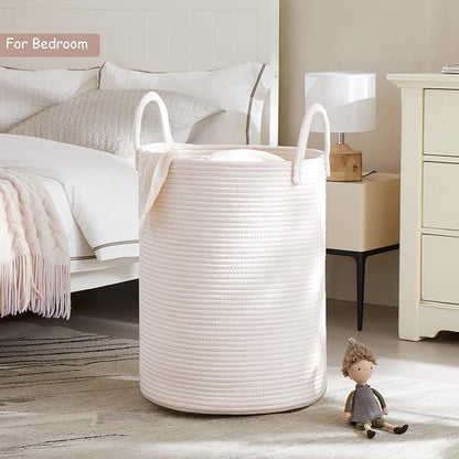 80L Extra Large White Hamper Tall Woven Laundry Basket Cotton Rope Blanket Basket for Living Room Clothes Hamper in Bedroom 16"L x 16"W x 22"H