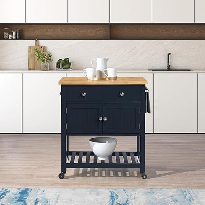 OSP Home Furnishings Stirling Farmhouse Kitchen Cart, Rolling Storage Cabinet with Drawers, Shelf, 5 Utility Hooks, Dark Blue with Natural Wood Top