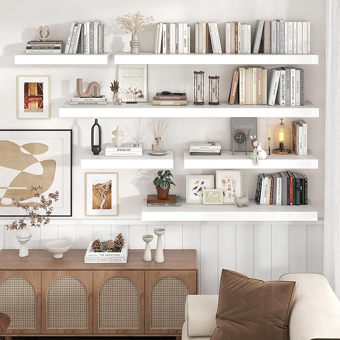 Floating Shelves for Wall, 48 Inch Wide x 12 Inch Deep Floating Shelves, Long Wood Floating Wall Shelf Shelves for Living Room Bathroom Bedroom Kitchen Home - (White, 48" W x 12" D x 2" H)