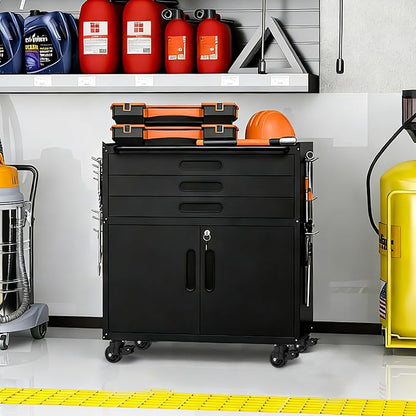 Metal Garage Storage Cabinet with Wheels, Rolling Tool Cabinet with 3 Drawers and 2 Doors, Heavy Duty Tool Cabinet with Workbench, Assembly Required, Black