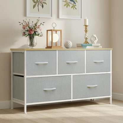 OLIXIS Dresser for Bedroom with 5 Drawers, Wide Chest of Drawers, Fabric Bedroom Dresser with Drawer Organizer, Storage Organizer Unit with Fabric Bins for Closet, Living Room, Hallway, Light Grey