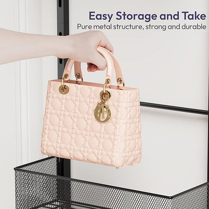 SWTYMIKI Over The Door Purse Organizer - Wall Mounted Purse Rack with 4 Adjustable Metal Basket and 6 Hooks, Hanging Bag Rack for Handbag Organizer, Bag Storage Can Use As 1/2 Part, for Door, Closet