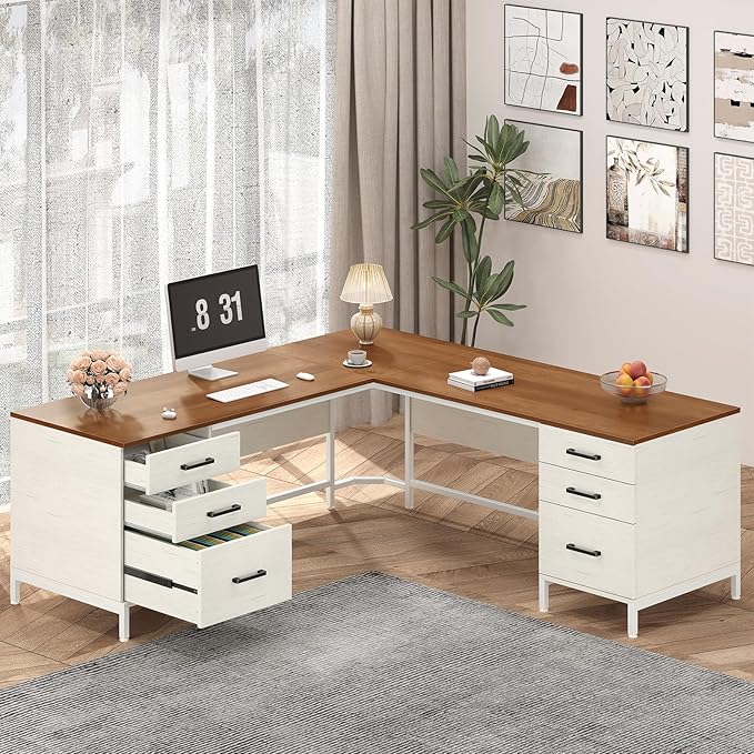 TVU 59’‘ L Shaped Desk with 6 Wood Drawers, Large Home Office Corner Computer Desk with Storage File Cabinet, Modern Metal Wood Desk for Executive Writing Study Workstation