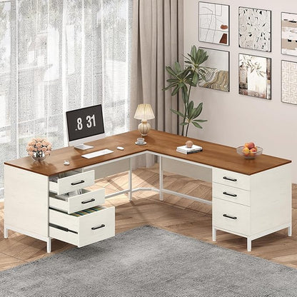 TVU 59’‘ L Shaped Desk with 6 Wood Drawers, Large Home Office Corner Computer Desk with Storage File Cabinet, Modern Metal Wood Desk for Executive Writing Study Workstation