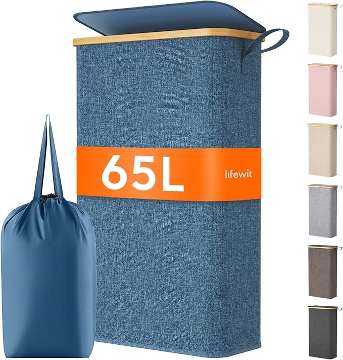Lifewit 65L Slim Laundry Hamper with Lid, Narrow Laundry Basket with Removable Bag & Bamboo Handles, Fodable Thin Dirty Clothes Hamper for Laundry Collapsible Bin for Bathroom Bedroom Dorm, Dark Blue
