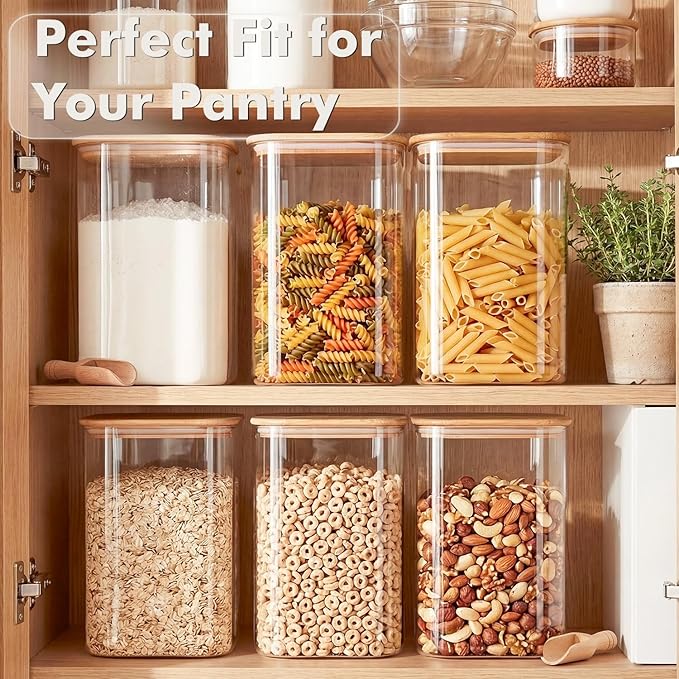 3.4Qt Large Glass Flour Sugar Storage Container with Bamboo Lid | Wide Mouth Design, With Measuring Cup, Minimalist Kitchen Organizer,Scandinavian Style Storage,Nordic Style Storage