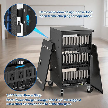 Fully Assembled 30 Unit Device Charging Station for Chromebook, iPad, 14'' Laptop - Charging Cart with Charger Cable Management, Circuit Breaker, Grounding Protection