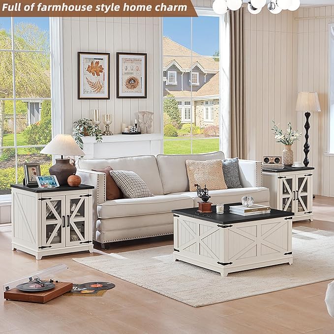 Farmhouse Coffee Table Sets 2 Pieces, Large End Side Tables with Charging Station and Coffee Table with Hidden Storage Compartment, Black Living Room Table Set, Wood Furniture Sets for Home Office