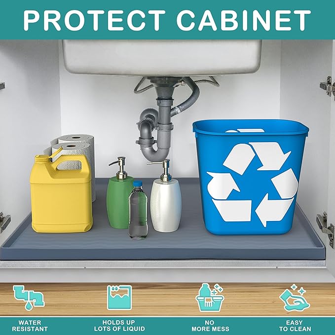 URMONA Waterproof Silicone Under Sink Mat 28'' x 19'' Shelf Liner for Kitchen and Bathroom, Cabinet and Counter Protector, Storage and Organizers, Litter Mat, Pet Cat Puppy Essentials(Green)