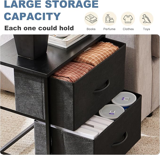 DUMOS Nightstand Set of 2, Small Dresser with 2 Fabric Drawers Side Bedroom End Table Kids Bedside Storage Furniture for 25 inch Tall Night Stand for Closet, Entryway, College Dorm, Ink