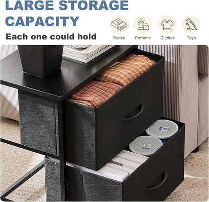 DUMOS Nightstand Set of 2, Small Dresser with 2 Fabric Drawers Side Bedroom End Table Kids Bedside Storage Furniture for 25 inch Tall Night Stand for Closet, Entryway, College Dorm, Ink
