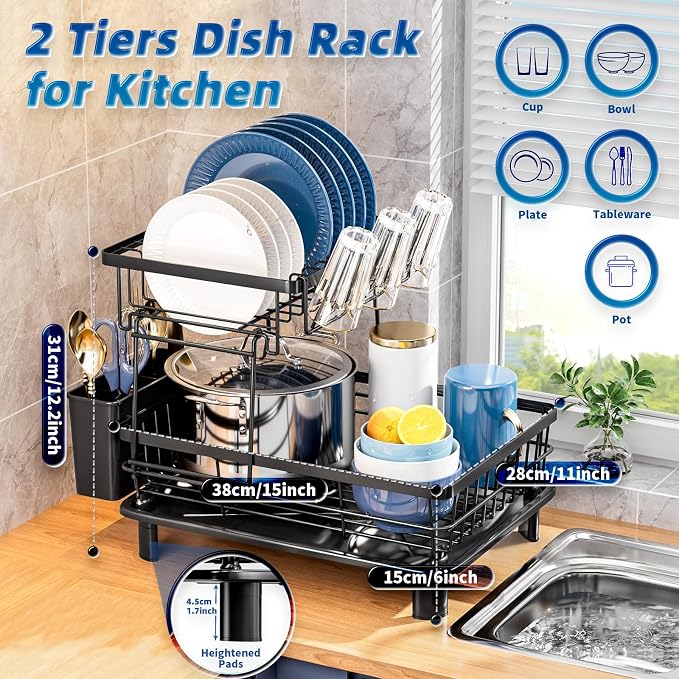 GAOKASE Dish Drying Rack, Stainless Steel-Dish Rack, Dish Racks for Kitchen Counter, Kitchen Dish Drainers with Removable Utensil Holder,New Drain Outlet,Plate Rack and Drainboard (Black 3)