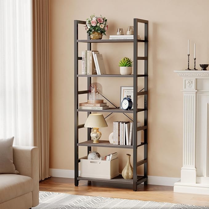 DUMOS 5-Tier Bookshelf, Modern Tall Bookcase, Open Storage Display Shelf for Living Room, Bedroom, Home Office, Narrow Standing Shelving Unit for Books, CDs, Décor，Wood Grey