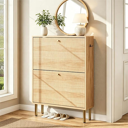 Nicetree Shoe Storage Cabinet for Entryway - Flip Shoe Cabinet with Tiered Fluted Design - Slim Shoe Storage Rack with Gold Legs - Narrow Shoe Cabinet Hidden Shoe Organizer for Small Spaces