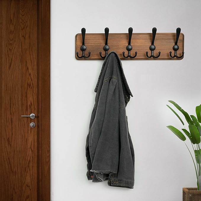 WEBI Rustic Coat Rack Wall Mount,Solid Wood Coat Hooks Wall Mounted Coat Hanger,16" Hole to Hole,Hook Rack Rail,5 Triple Hooks for Hanging Coats,Jacket,Clothes,Farmhouse,Brown
