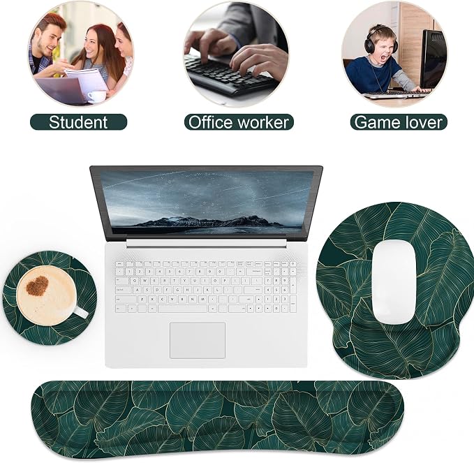 Ergonomic Mouse Pad with Wrist Rest and Keyboard Wrist Rest, Mousepad and Wrist Rest for Computer Keyboard, Pain Relief, Non-Slip Base, Mouse Pad Wrist Support for Gaming, Office, Green Palm Leaf