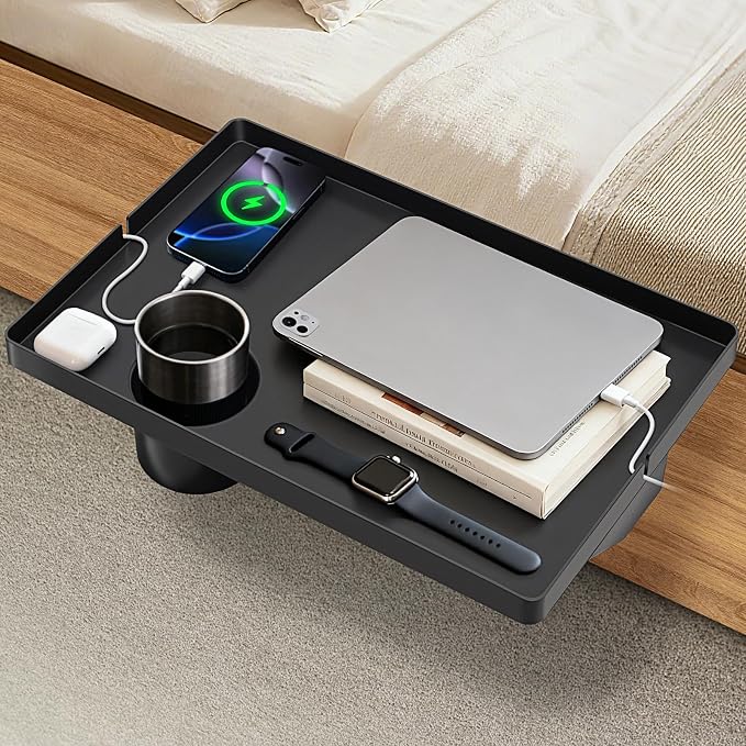 Bedside Shelf Dorm Bunk Bed, Bedside Caddy Shelf Dorm Bed, No Drill College Nightstand Organizer for Personal Items Books Glasses Apartment Bedroom Compact Space Solution Large+Black
