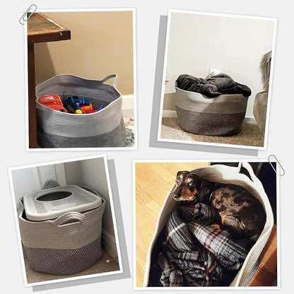 INDRESSME Extra Large Laundry Basket, Cotton Rope Blanket Basket for Nursery Living Room, Decorative Woven Storage Basket with Handles for Dirty Clothes, Toy Bin For Dog Toys, 21.7 x 13.8 inches, Grey
