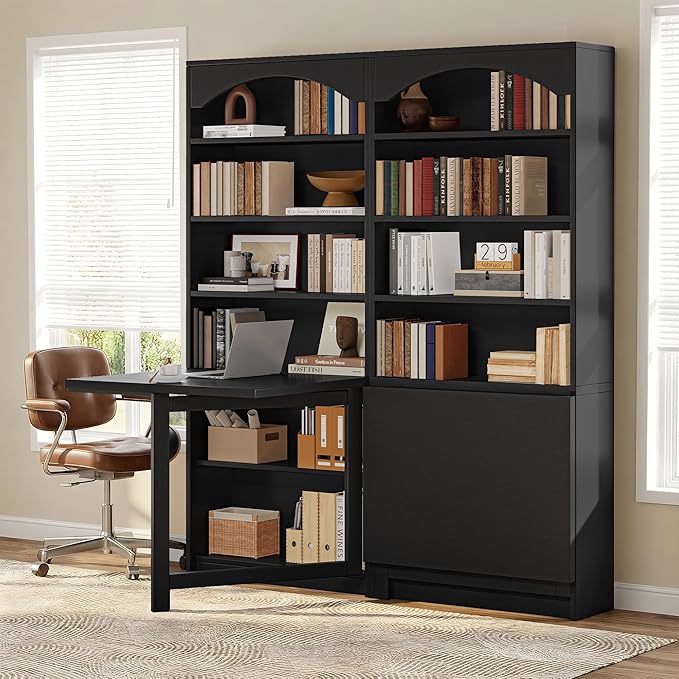 6-Tier Bookshelf with Folding Table, 72.8” Tall Open Storage Bookcase, Large Storage Capacity, Modern Display Shelf for Home Office, Living Room, Bedroom, Black