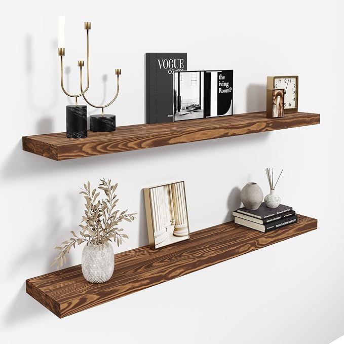 Howizz 36'' Pine Wood Floating Shelves for Wall- Set of 2 - Rustic Wall Mounted Wooden Shelf for Stylish Home Décor (Light Walnut, 36x6.5x1.25)
