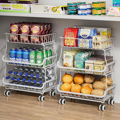 3 Tire Rolling Pantry Organizers and Storage Cart on Wheels | Metal Frame, Under Pantry Cabinet, Drip Tray, Storage for Snack, Potato, Onion, Produce, Can, Drink, Fruit and Vegetable