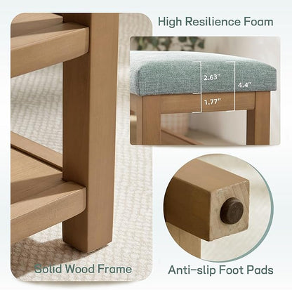 Shoe Rack Bench with Cushion, 2 Tier Solid Wood Storage Bench, Mid-Century Modern Shoe Bench for Entryway, Hallway, Closet, Front Door Entrance, Foyer (Teal, 46.5")