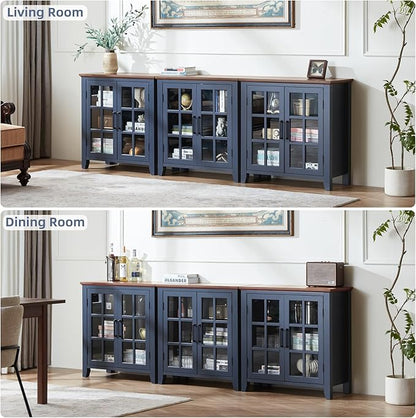 Large Sideboard Buffet Cabinet with Storage, 32" Farmhouse Kitchen Coffee Wine Bar Cabinet with 2 Glass Doors, Wood Mid Century Modern Side Board Table for Dining Room, Living Room, Navy Blue