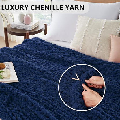 L'AGRATY Chunky Knit Blanket Throw: 80''x90'' Chenille Chunky Knitted Throw Blankets for Bed Couch - Handmade Thick Big Cable Knit Blanket - Large Crochet Blankets for Home Decor(Navy Blue)
