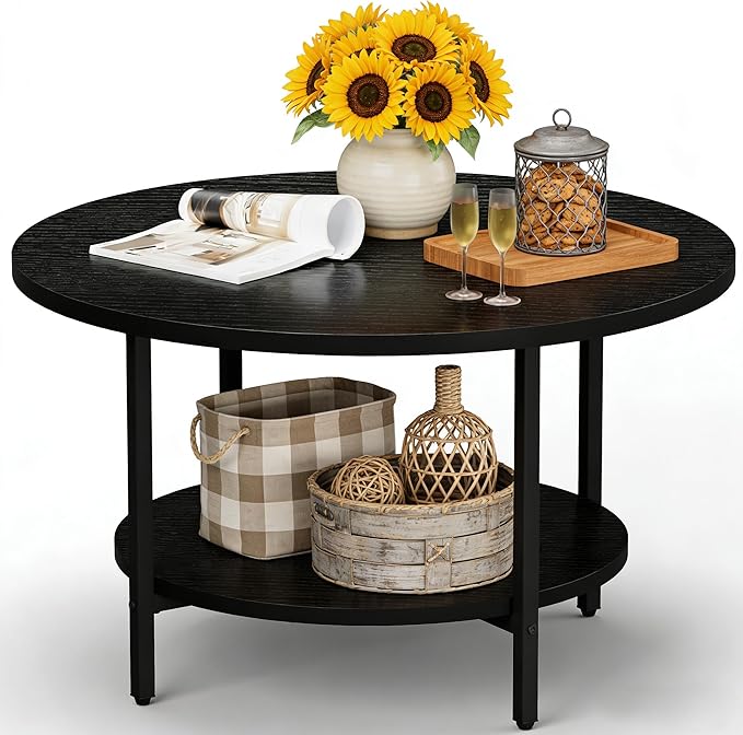Coffee Table, 27.6“ Circle Coffee Tables for Living Room, 2 Tier Round Coffee Table with Storage, Wood Accent Center Floor Table for Bedroom, Industrial Home Office, Black (27.6" D x 17.7" H)