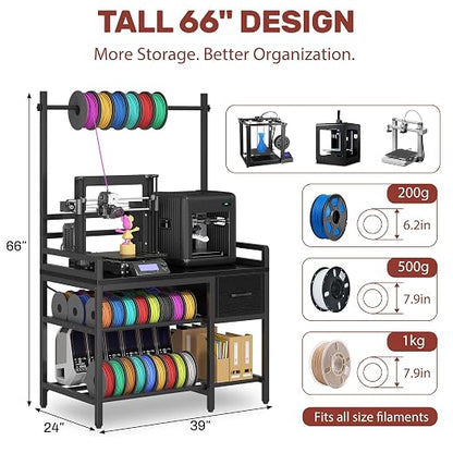 3D Printer Stand with Filament Storage – Tall 66" Heavy Duty Metal 3D Printer Table with Power Hub, Drawer & X-Bracket Stability for Workshop, Studio, Office