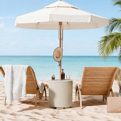Outdoor Umbrella Stand with Hole, in Pool Umbrella Stand with Weighted Water Filled Bladder, Fluted Vertical Ribbed Design, All Weather Umbrella Side Table Base, Patio Umbrella Base, Beige