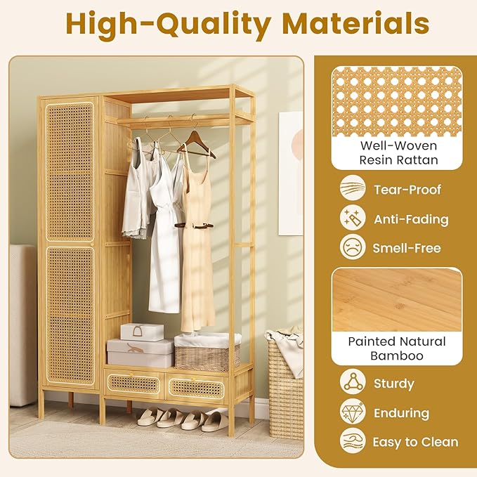 Giantex Bamboo Clothes Rack with Shelves, Freestanding Garment Rack w/Rattan Door, Hanging Rod, Storage Shelf, 2 Drawers, 7-Tier Heavy Duty Wardrobe Closet Organizer w/Cabinet for Entryway Bedroom