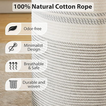 Fiona's magic 58L Woven Rope Laundry Hamper, Tall Boho Laundry Basket Storage, Large Baby Nursery Hamper for Blankets, Toys and Clothes Hamper for Bedroom and Living Room Organizing, Jute, White