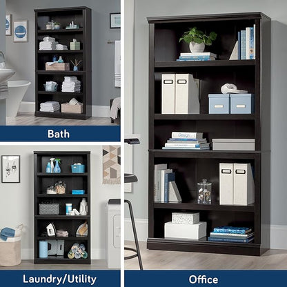 Sauder 5 Tier Book Shelf Wooden Bookcase Multipurpose Bookshelf for Home Office, Living Room, in Estate Black finish