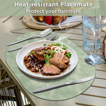 ADRIMER Placemats, Heat Resistant Oval Placemats Set of 12 Washable 12 x 17 Inch, Waterproof Table Mats, Wipeable Pu Place Mats for Kitchen, Dining Room, Green