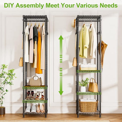 R1 Clothes Rack Heavy Duty, Clothing Racks for Hanging Clothes, Garment Rack with Storage Shelves, Small Coat Rack Freestanding for Entryway, Hallway, Bedroom, Max Load 448 Lbs, Black