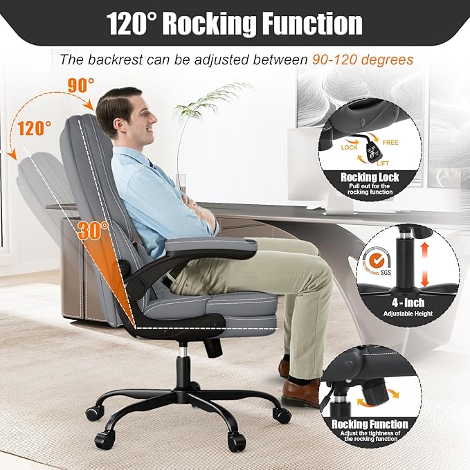 Ergonomic Office Chair with Flip-up Armrests 300lbs,Middle-Tall Computer Office Desk Chair with Lumbar Support,Executive PU Leather Chair with Rocking Function Adjustable Height for Home Office