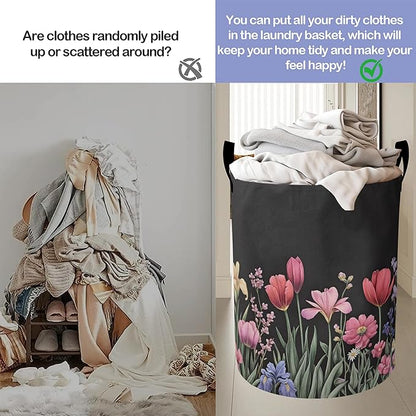 Spring Flowers Laundry Hamper Large Canvas Fabric Lightweight Storage Basket/Dirty Clothes Collapsible Waterproof for College Dorms, Boys and Girls Bedroom,Bathroom
