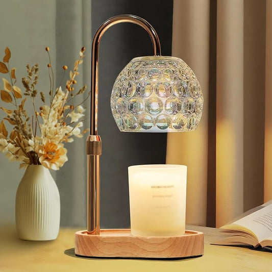 Candle Warmer Lamp with Timer Dimmable, Round Transparent Glass Wax Warmer Lamp with Iridescent Color Finish, Adjustable Height for Jar Candles, Birthday & House Warming Gift for Women