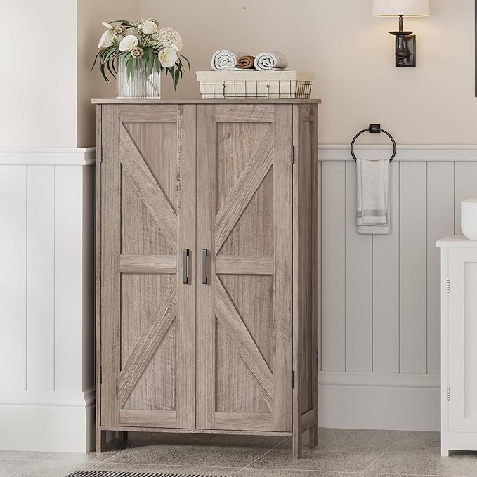 Homleke Farmhouse Bathroom Cabinet with Adjustable Shelves, Free-Standing Storage Cabinet with Barn Doors, for Kitchen, Living Room, Dining Room, Entryway, Greige