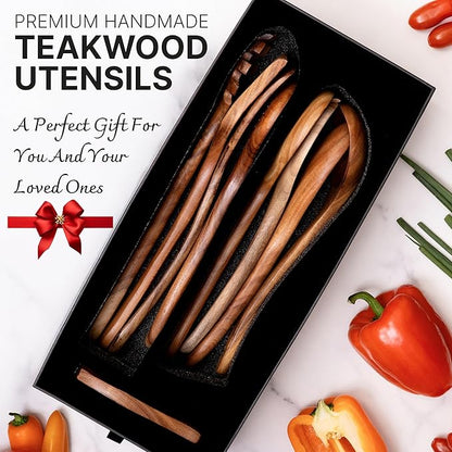 Wooden Kitchen Utensil Set, 9-Piece Teak Wood Kitchen Spoons for Cooking- Durable, Comfortable Grip, Non-Stick, Heat Resistant, Non-Scratch Kitchen Utensils-Perfect Cooking Gift