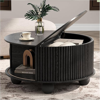 JOINICE Black Round Coffee Table with Storage, 31.5" Fluted Drum Center Table with Sliding Door, Modern Farmhouse Wood Circle Table with Bun Feet for Living Room