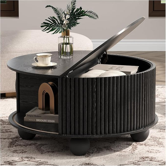 JOINICE Black Round Coffee Table with Storage, 31.5" Fluted Drum Center Table with Sliding Door, Modern Farmhouse Wood Circle Table with Bun Feet for Living Room