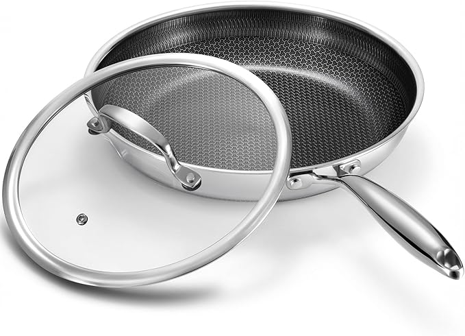 Non Stick 8 Inch Frying Pan with Lid, Hybrid Nonstick Stainless Steel Skillet Pan with Stay-cooling Handle, PFOA Free Non Toxic Dishwash & Oven Safe Kithchen Cookware Set Compatible All Cooktops