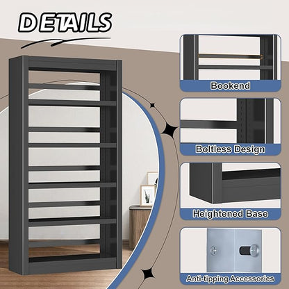 5-Tier Metal Bookshelf, 61" Tall Black Bookcase with Adjustable Shelves, Heavy Duty Deep Book Shelves, Display Storage Shelving for Living Room, Home Office, Library, Bedroom