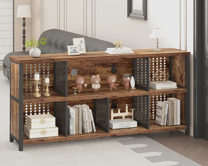 LVB Rustic Horizontal Bookshelf, Industrial Bookcase Cube Storage Organizer, Wide Large Metal Wooden Office Cube Shelf, Farmhouse Low Long Book Shelf for Home Bedroom Living Room, Rustic Brown, 63 in