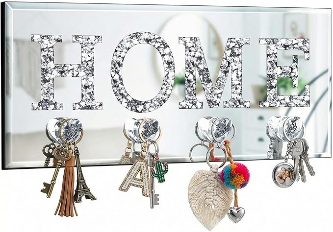 Keys Holder on Wall Crush Diamond Mirrored Home Letter Plaque Sign Wall Mounted Clear Heart Shape Hooks Key Hanger Christmas Gift Door Bookshelf Decorative