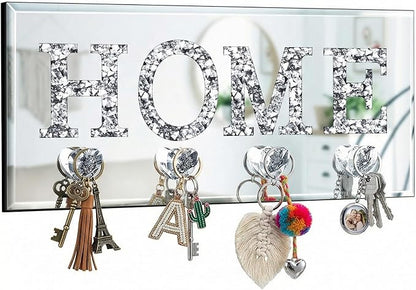 Keys Holder on Wall Crush Diamond Mirrored Home Letter Plaque Sign Wall Mounted Clear Heart Shape Hooks Key Hanger Christmas Gift Door Bookshelf Decorative