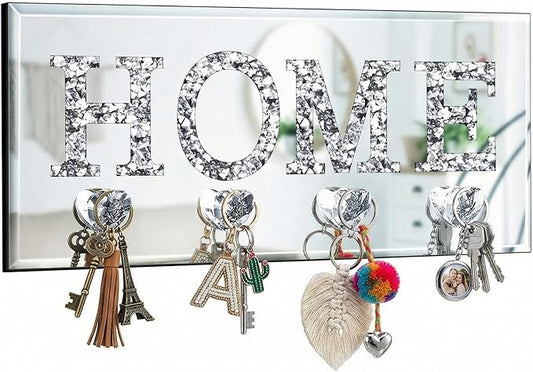 Keys Holder on Wall Crush Diamond Mirrored Home Letter Plaque Sign Wall Mounted Clear Heart Shape Hooks Key Hanger Christmas Gift Door Bookshelf Decorative